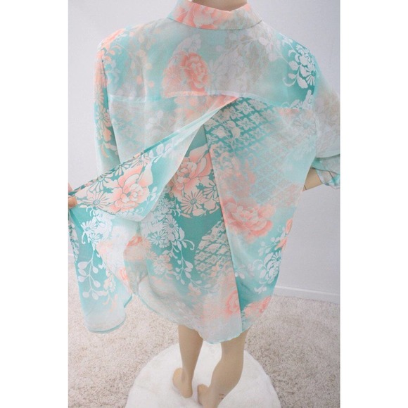 Chicos Blouse Womens Top size 3 XL 16 Tab Sleeve Green Peach Floral Split Back - Picture 7 of 10